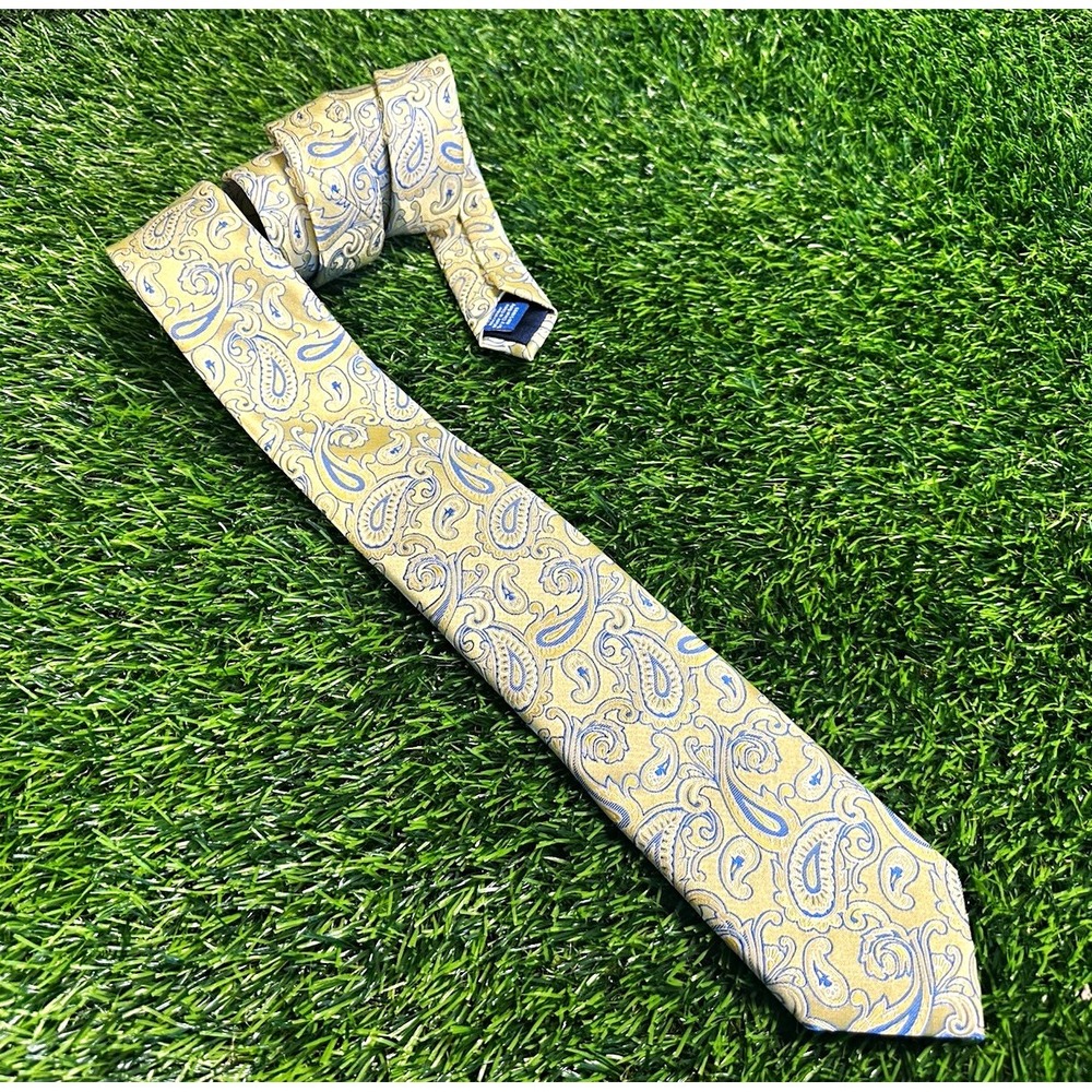 Saddlebred Men's Gold & Blue Paisley Woven Tie Necktie w/ Logo Accent